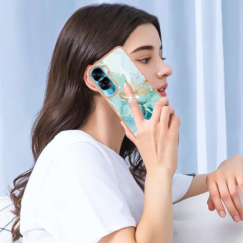 For Honor 90 Lite 5G Electroplating Marble IMD TPU Phone Case with Ring Holder(Green 003)