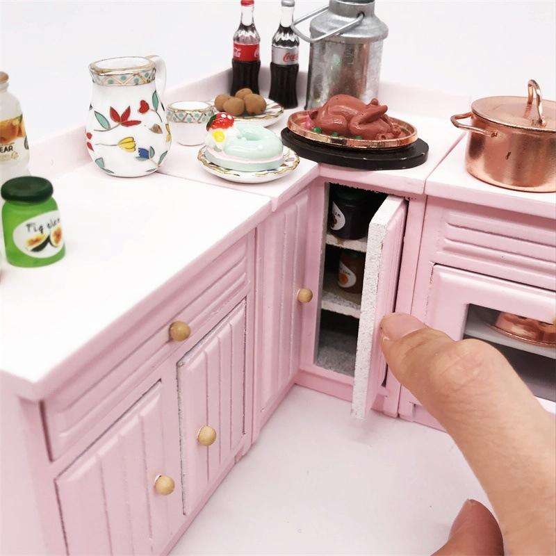 1:12 Mini Doll House Kitchen Cabinet Dining Table Sink Combination Model Toy(Pink)