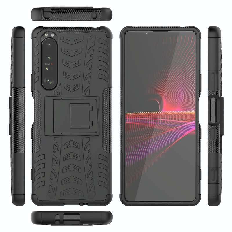 For Sony Xperia 1 III Tire Texture Shockproof TPU+PC Protective Case with Holder(Black)