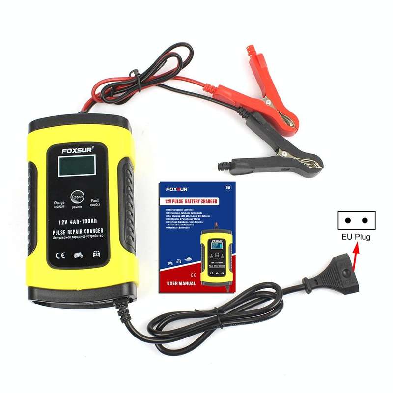 FOXSUR 12V 6A Intelligent Universal Battery Charger for Car Motorcycle, Length: 55cm, EU Plug(Yel...