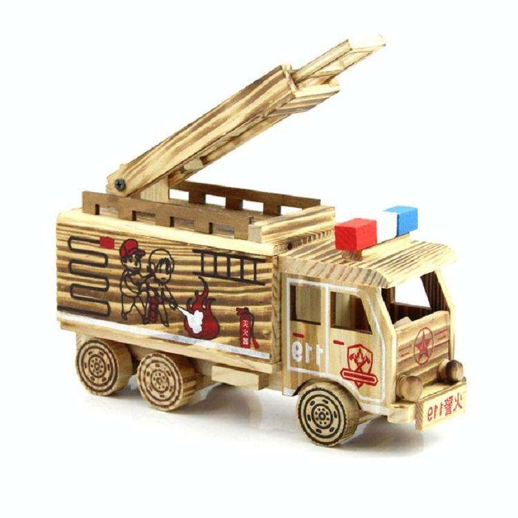 Simulation Fire Rescue Truck Creative Home Model Wooden Ornaments, Style:Fire Truck