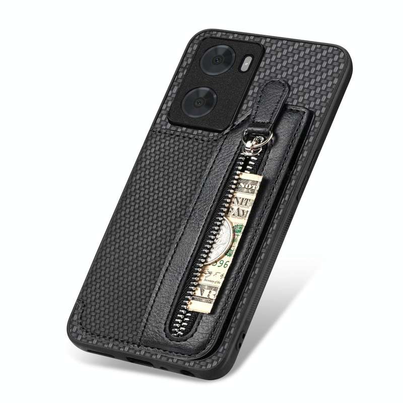 For OPPO A57 4G Carbon Fiber Flip Zipper Wallet Phone Case(Black)