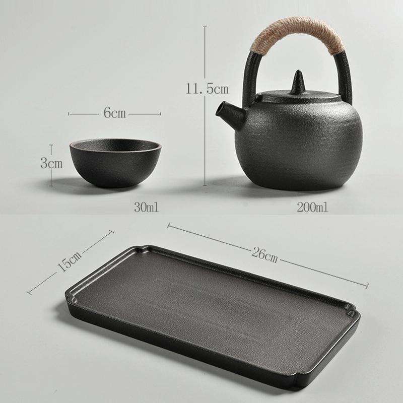 Portable Travel Ceramics Loop Handle Pot Teapot Teacup Set with Tea Tray(Black)