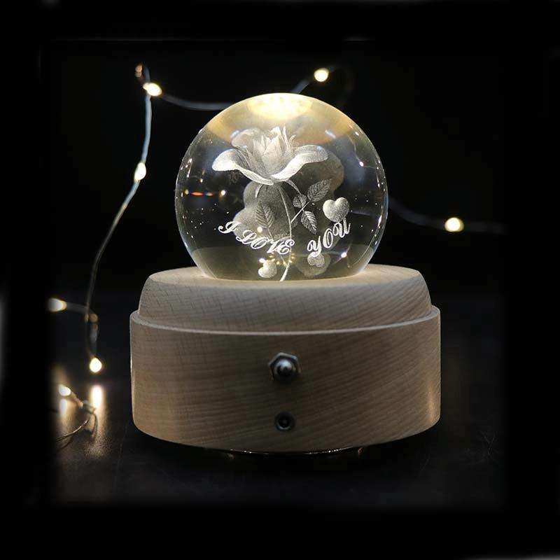 Girl Bedside Lamp Crystal Ball Wooden Base Music Box Charging Glow Rotating Night Light, Random M...