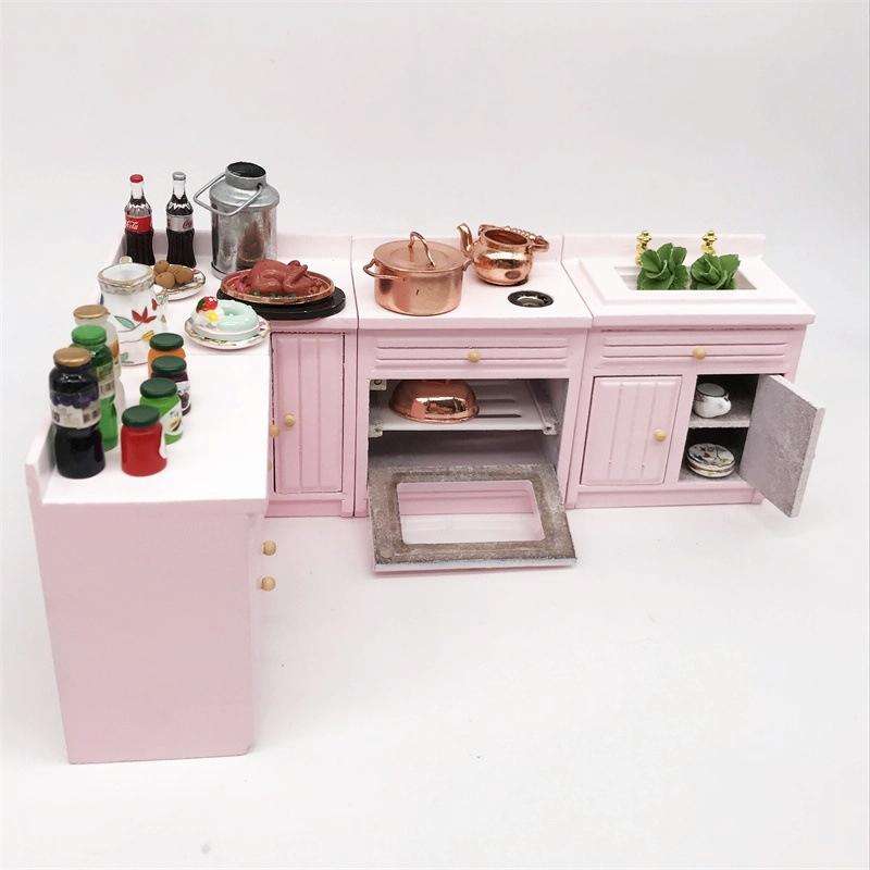 1:12 Mini Doll House Kitchen Cabinet Dining Table Sink Combination Model Toy(Pink)