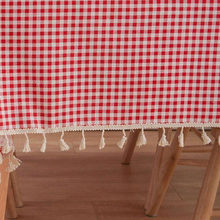 Tassel Lace Daisy Print Cotton Linen Tablecloth, Size:60x60cm(Red Plaid)