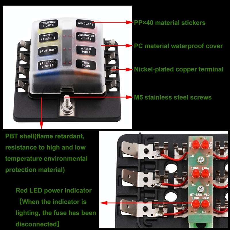 1 in 8 Out Fuse Box PC Terminal Block Fuse Holder Kits with LED Warning Indicator for Auto Car Tr...