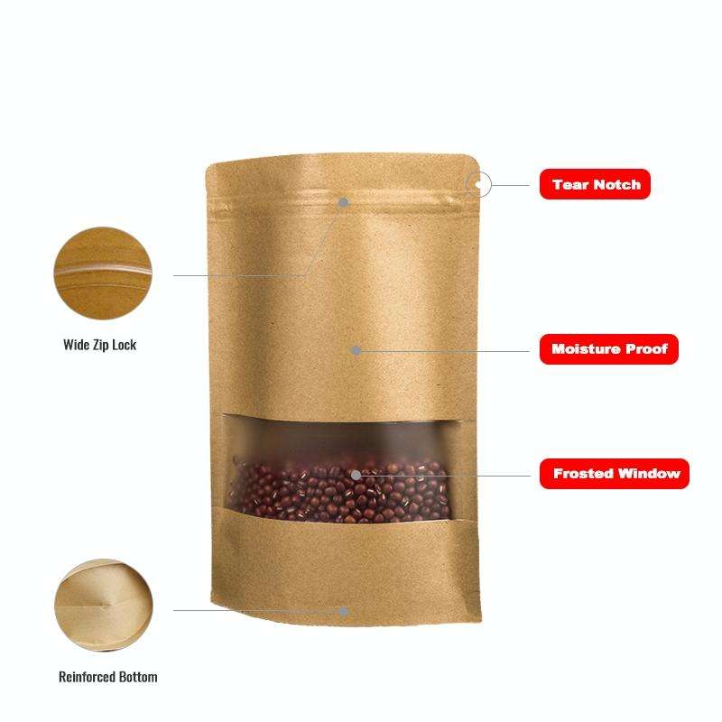 50 PCS Zipper Self Sealing Kraft Paper Bag with Window Stand Up for Gifts/Food/Candy/Tea/Party/We...