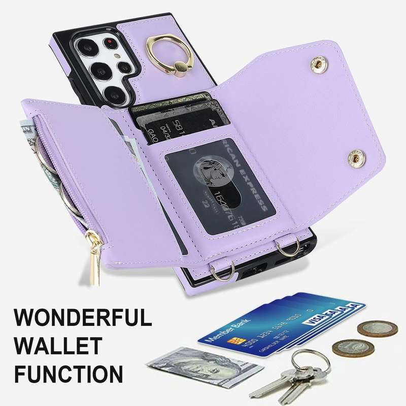 For Samsung Galaxy S22 Ultra 5G Zipper Card Bag Phone Case with Dual Lanyard(Purple)