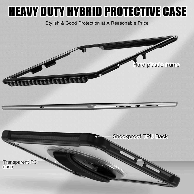 For iPad 10.2 2021 / 2020 / 2019 Heavy Duty Hybrid Tablet Case with Handle & Strap(Black)