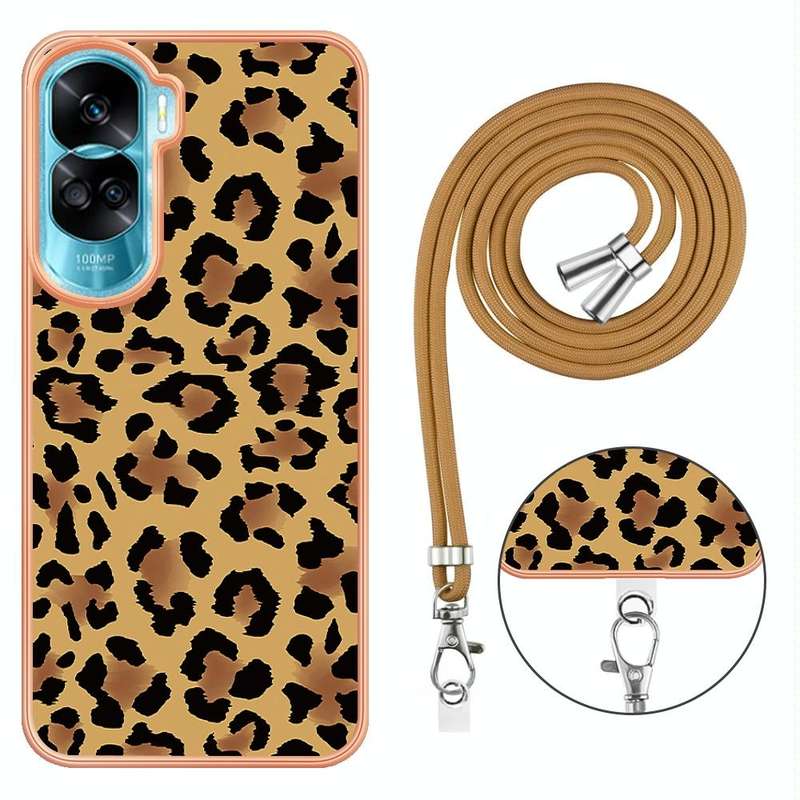 For Honor 90 Lite 5G Electroplating Dual-side IMD Phone Case with Lanyard(Leopard Print)