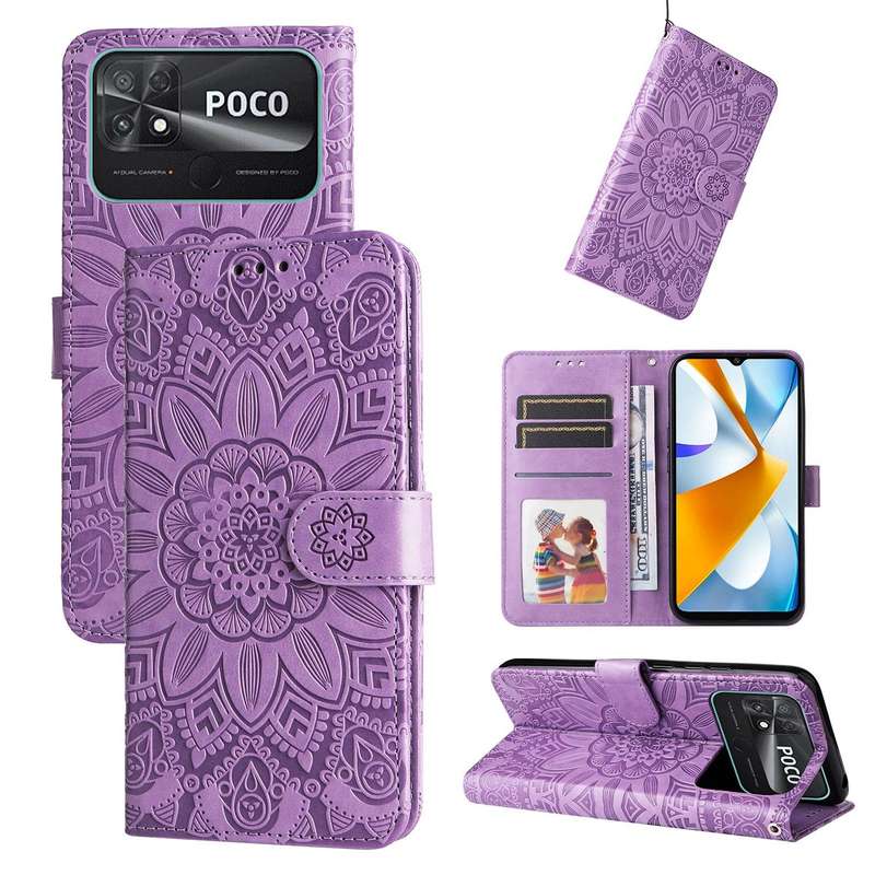 For Xiaomi Poco C40 Embossed Sunflower Leather Phone Case(Purple)