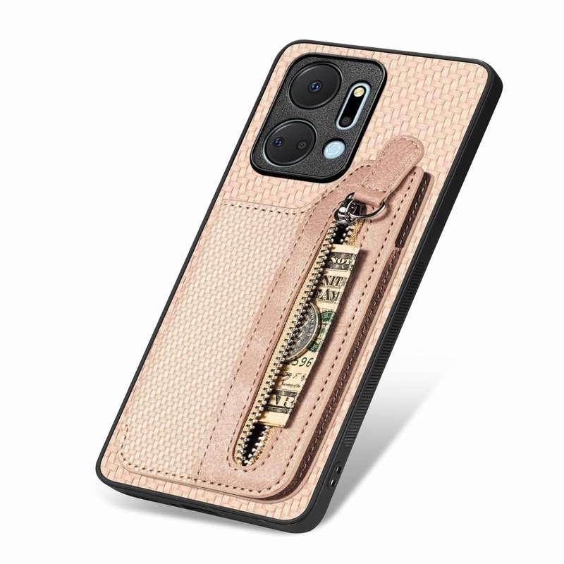 For Honor X7A Carbon Fiber Horizontal Flip Zipper Wallet Phone Case(Khaki)