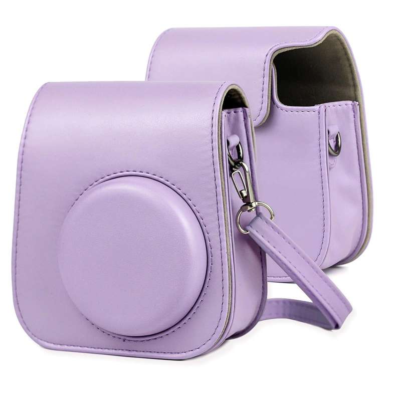 Leather Case Full Body Camera Bag with Shoulder Strap for FUJIFILM Instax mini 11 (Purple)
