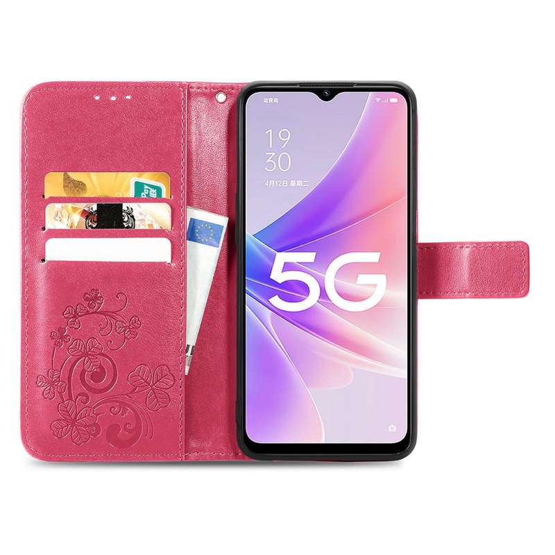 For OPPO A57 5G Four-leaf Clasp Embossed Buckle Leather Phone Case(Rose Red)