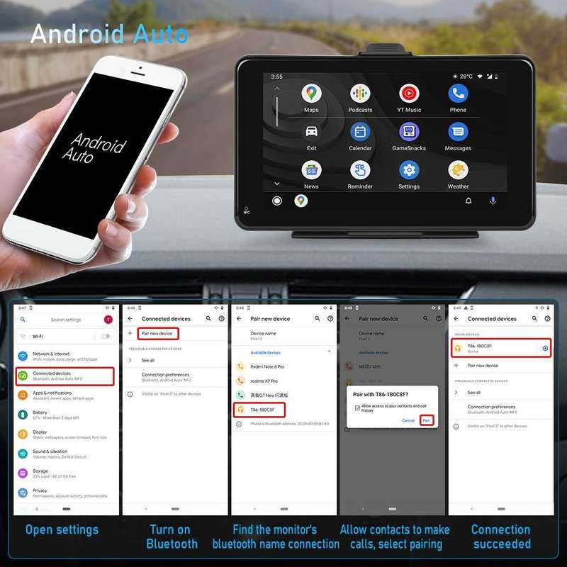 A3135 7 Inches HD Wired Smart Screen With Wireless CarPlay + Android Auto + Android Without Camera