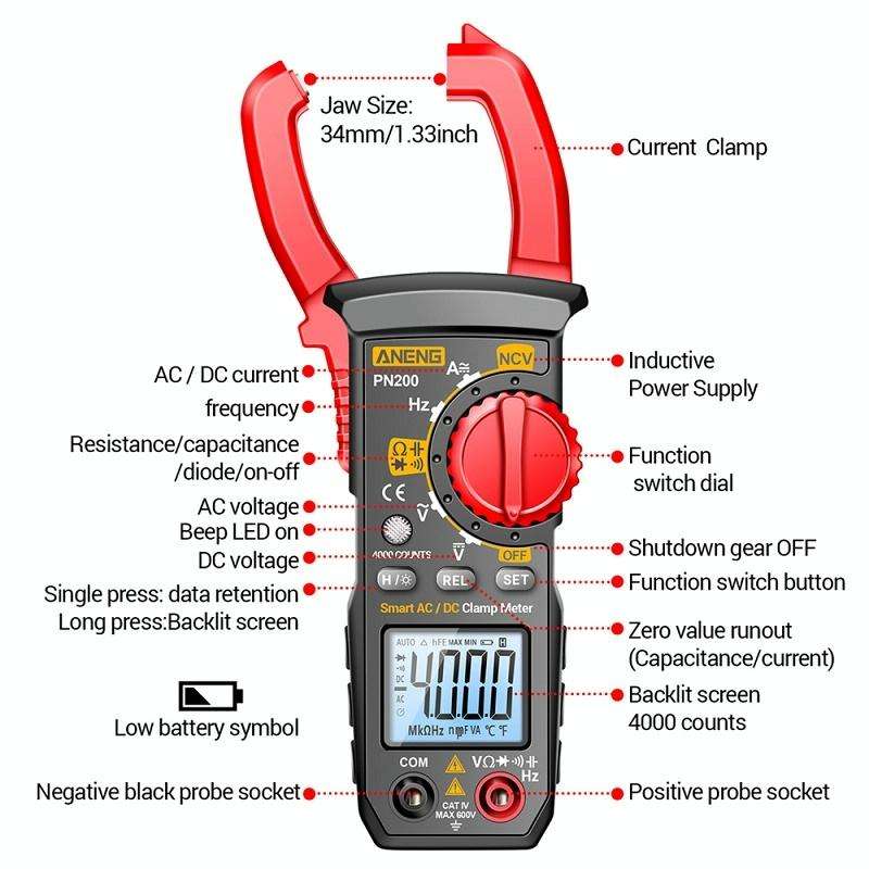 ANENG PN200 AC/DC Measurement High Precision Multifunctional Clamp Meter(Red)