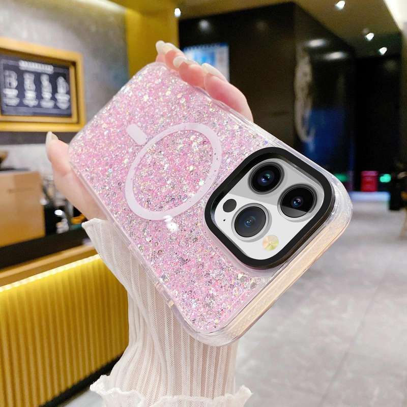 For iPhone 15 Pro Max Gold Armor MagSafe Glitter Epoxy Phone Case(Pink)