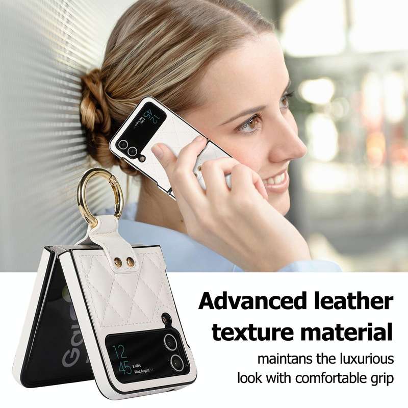 For Samsung Galaxy Z Flip4 Rhombic Microfiber Folding Phone Case with Ring(White)