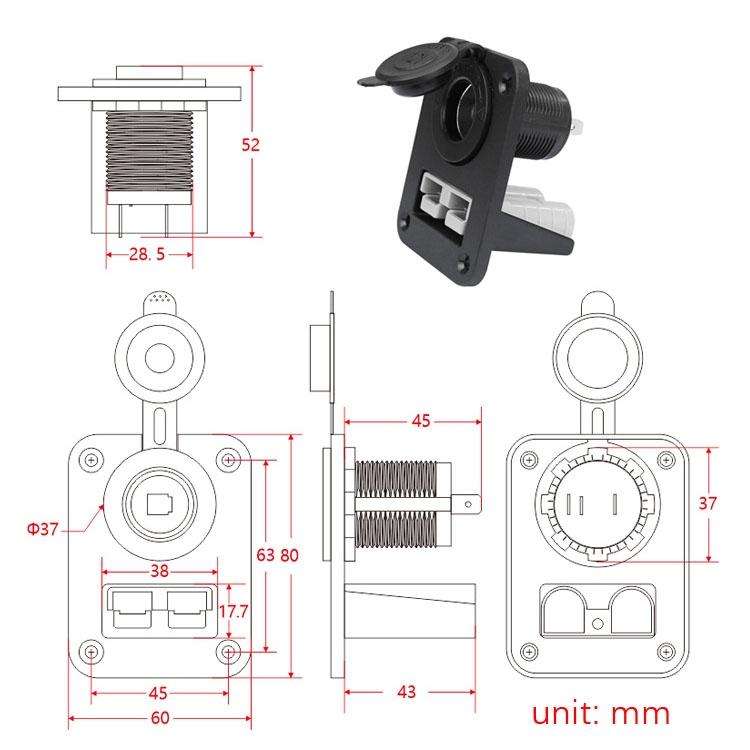Large Current Plug With 12V Cigarette Lighter Panel Combination
