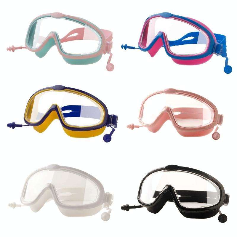 Children Anti-fog Large Frame Swimming Goggles With Conjoined Earplugs(White)