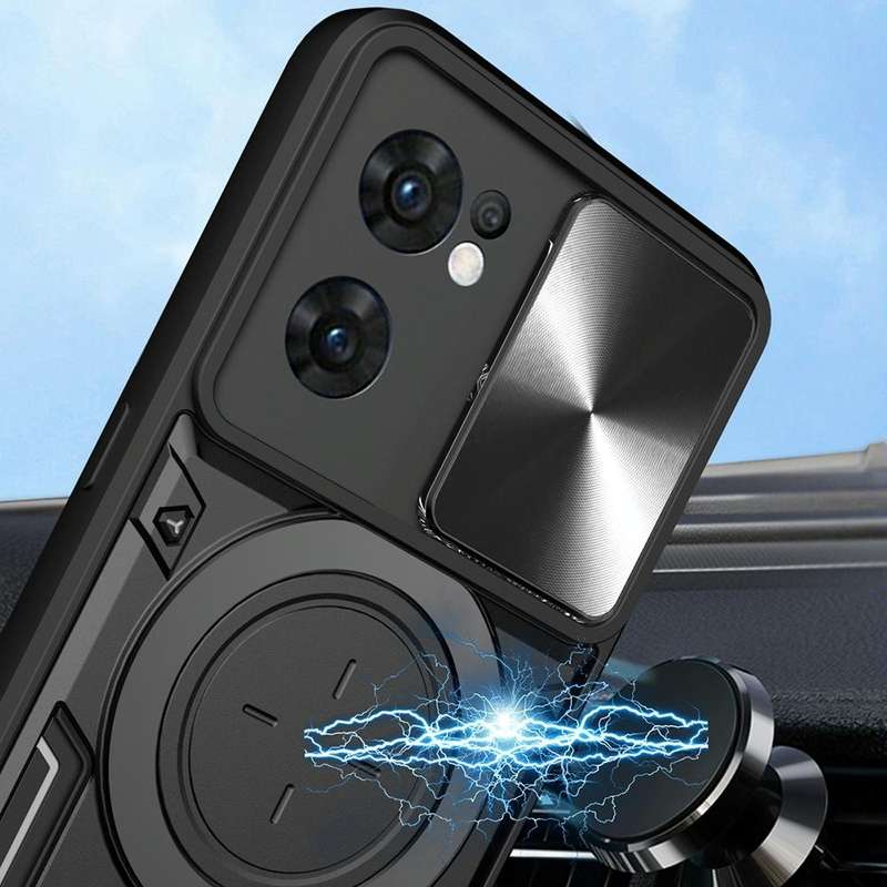 For OPPO Reno7 5G CD Texture Sliding Camshield Magnetic Holder Phone Case(Black)