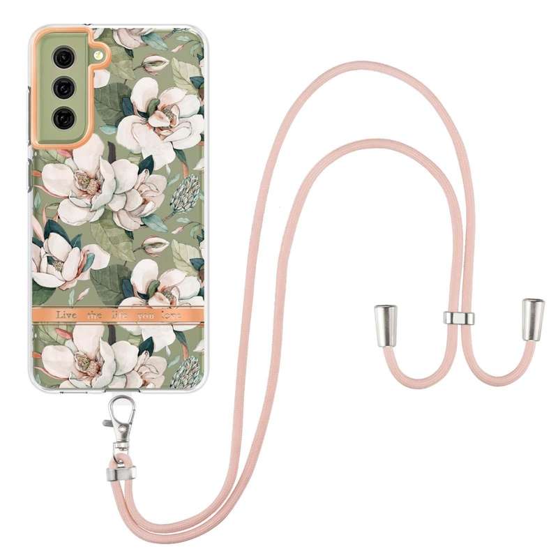 For Samsung Galaxy S21 FE 5G Flowers Series TPU Phone Case with Lanyard(Green Gardenia)