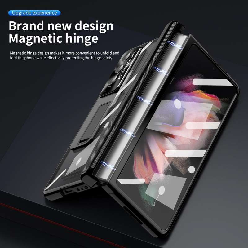 For Samsung Galaxy Z Fold3 5G Magnetic Hinges Plating Phone Case with Holder(Black)