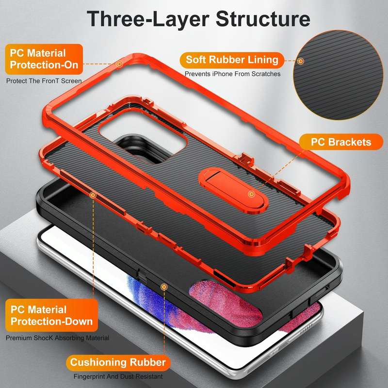 For Samsung Galaxy A53 3 in 1 Rugged Holder Phone Case(Black + Orange)