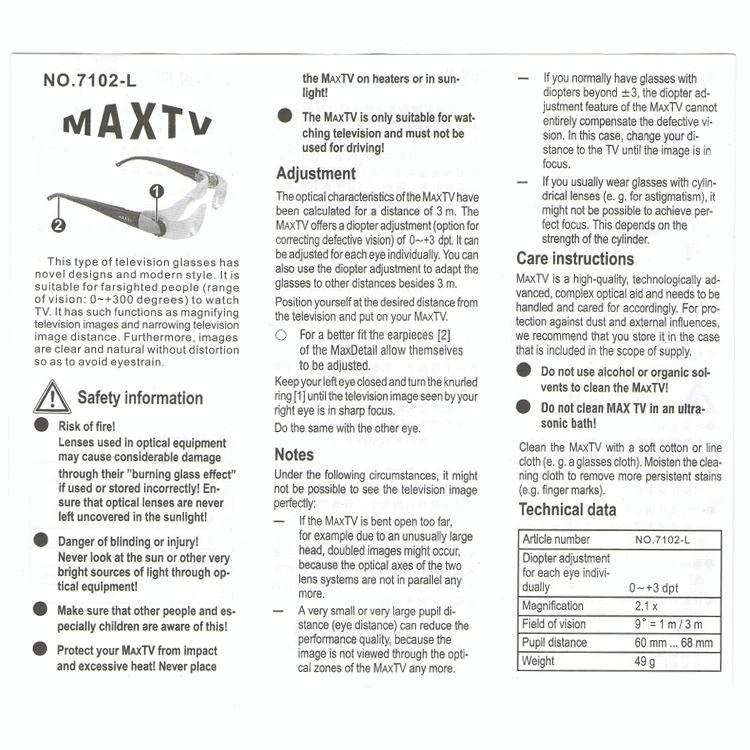 7012L 2.1X TV Magnification Glasses for Hyperopia People (Range of Vision: 0 to +300 Degrees)(Black)
