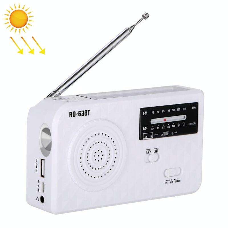 RD-638T Two-band Solar Powered AM / FM Radio Player Flashlight with Dynamo Function(White)