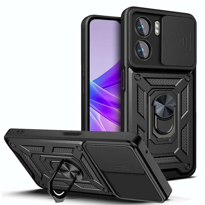 For OPPO A77/A57 Sliding Camera Design TPU + PC Phone Case(Black)