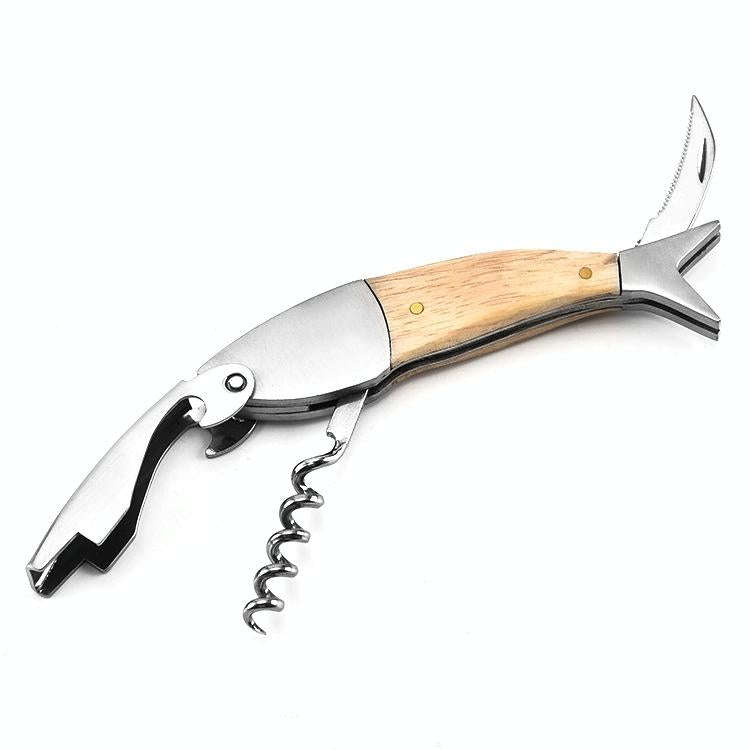 Fish Shape Wine Opener Wine Multifunctional Corkscrew with Wooden Handle