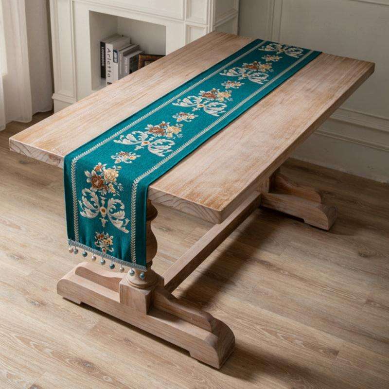 Home Vintage Flower Chenille Beads Table Runner, Size: 32x180cm(Ink Green)