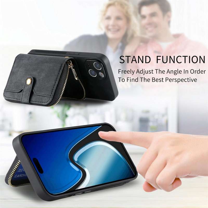 For iPhone 15 Crossbody Multi-function Zipper Wallet Phone Case(Black)