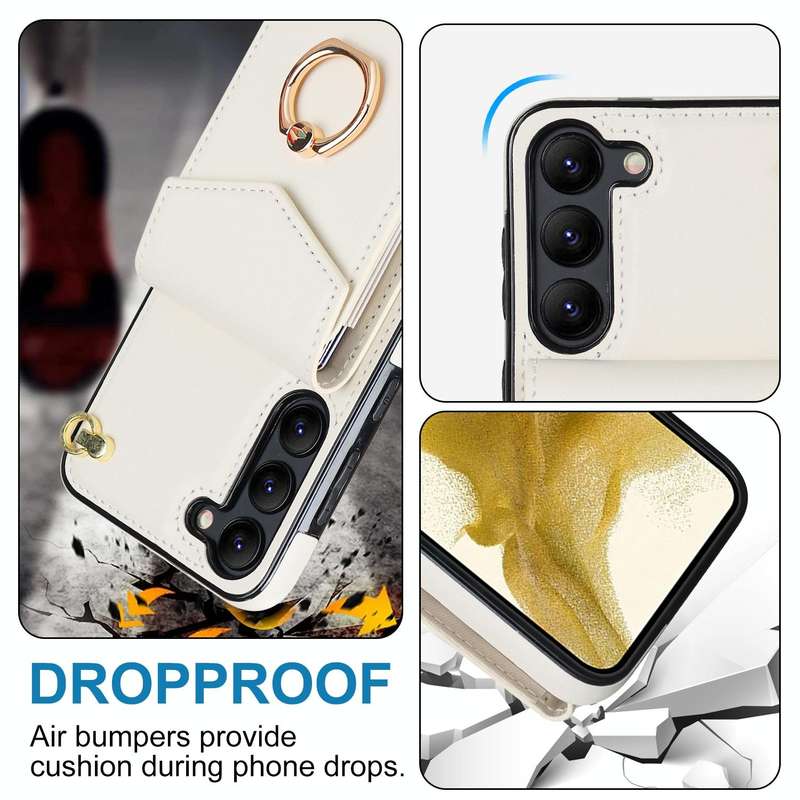 For Samsung Galaxy S22 5G Ring Holder RFID Card Slot Phone Case with Long Lanyard(Beige)