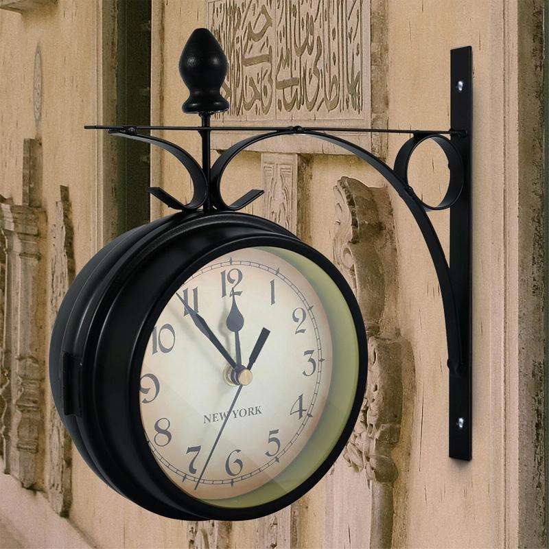 Wrought Iron Clock Vintage Decorative Double-sided Wall Clock(Black)