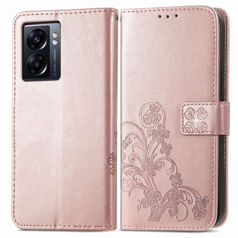 For OPPO A77 Four-leaf Clasp Embossed Buckle Leather Phone Case(Rose Gold)