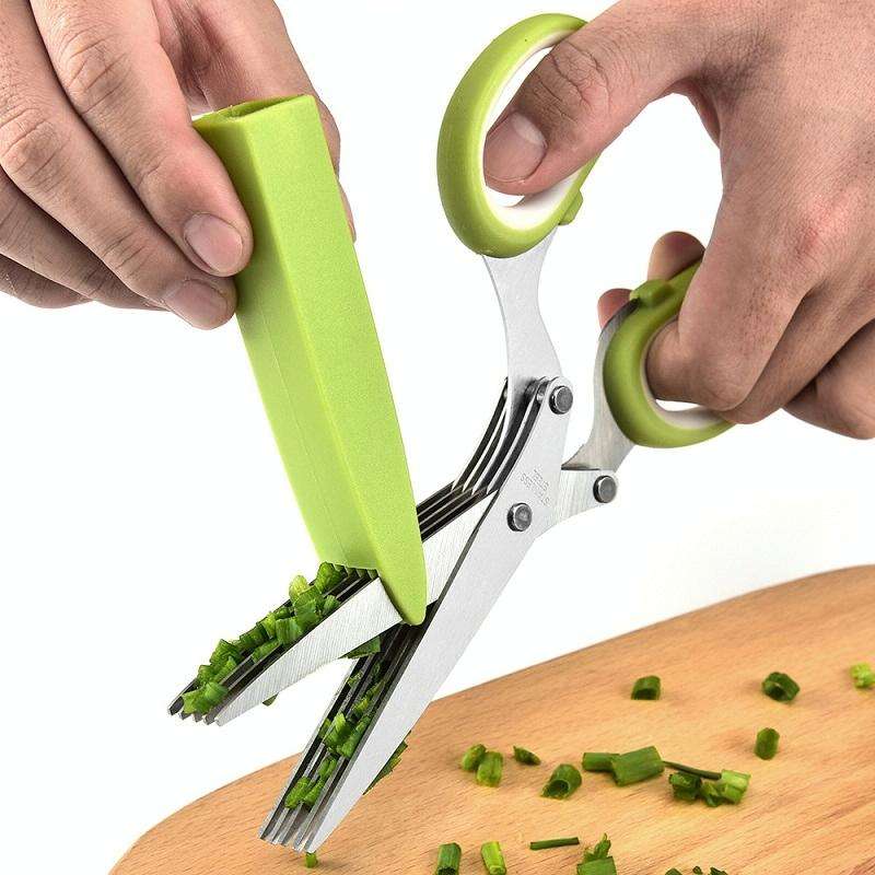 Five-Layer Vegetable Scissors Office Shredding Stainless Steel Scissors(Green White)