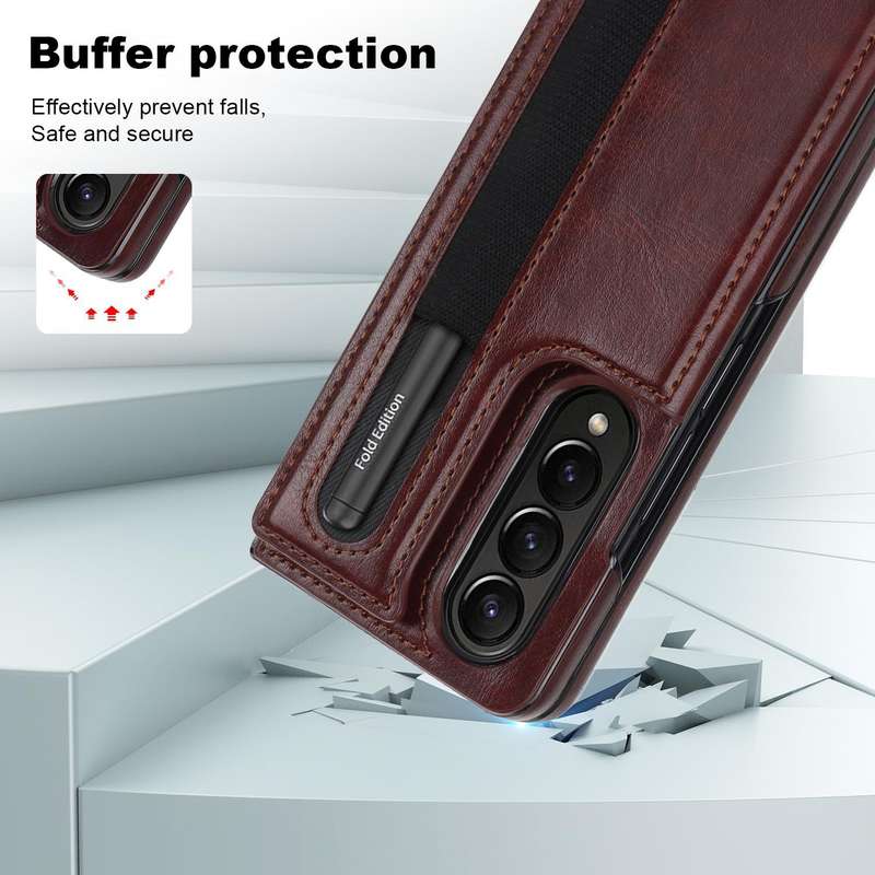 For Samsung Galaxy Z Fold3 Full Coverage Fold Double Buckle PU Phone Case with Pen Slots(Brown)