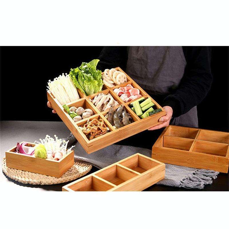Hot Pot Bamboo Plate Compartmental Platter Vegetable Wood Tray Set Two Grid Plate