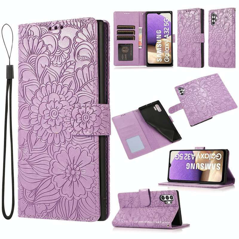 For Samsung Galaxy A32 5G Skin Feel Embossed Sunflower Horizontal Flip Leather Case with Holder &...