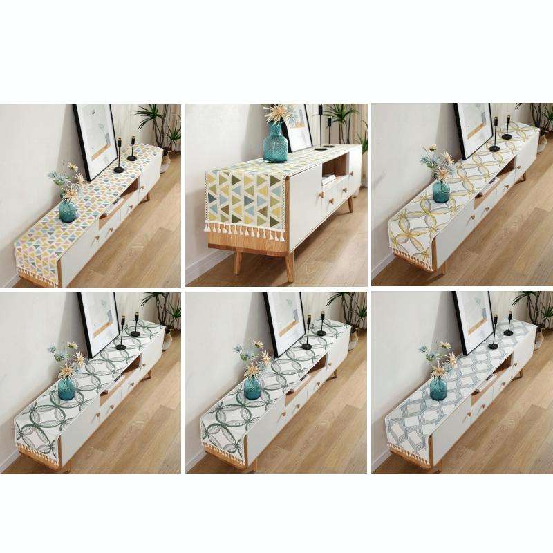 Home TV Cabinet Shoe Cabinet Chenille Polyester Tassel Tablecloth, Size: 35x220cm(Pink Triangle)
