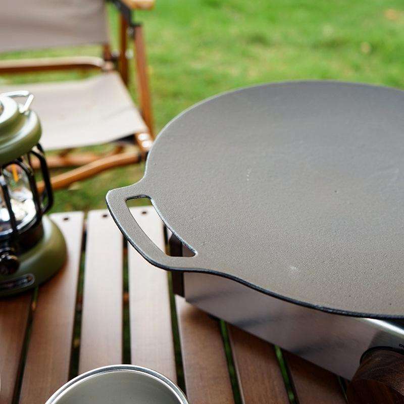 Outdoor Camping BBQ Cast Iron Grill Pan,Style: Baking Pan+Net+Hemp Rope