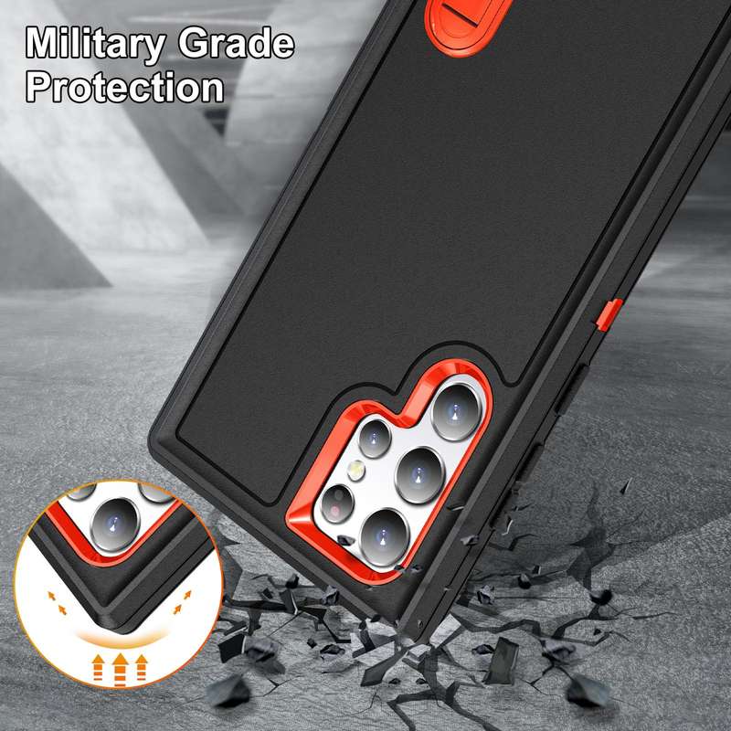 For Samsung Galaxy S22 Ultra 5G 3 in 1 Rugged Holder Phone Case(Black+Orange)