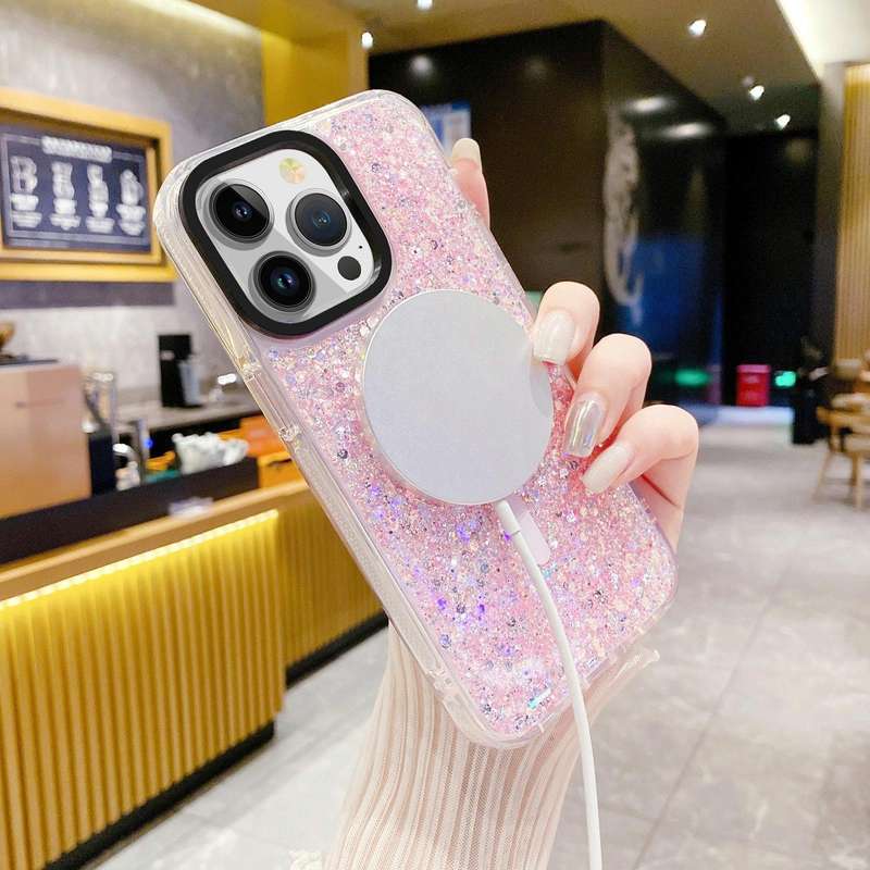 For iPhone 15 Pro Max Gold Armor MagSafe Glitter Epoxy Phone Case(Pink)