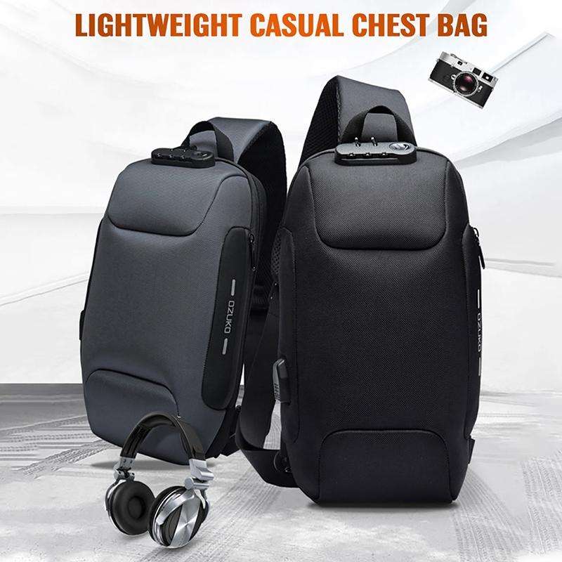 OZUKO 9223 Anti-theft Men Chest Bag Waterproof Crossbody Bag with External USB Charging Port, Sty...