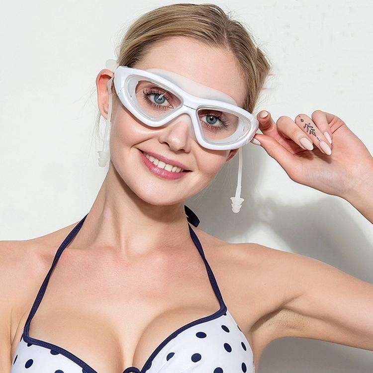J8150 Eye Protection Flat Light Adult waterproof Anti-fog Big Frame Swimming Goggles with Earplug...