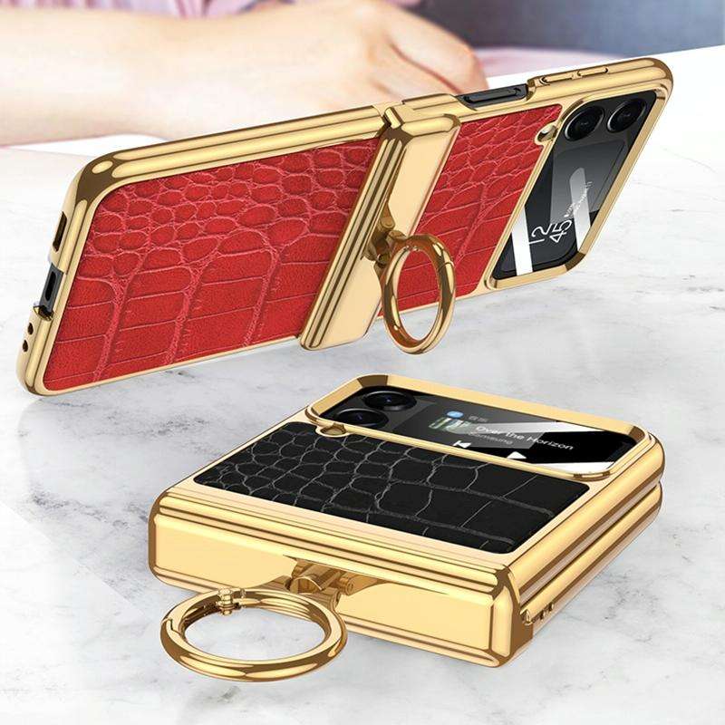 For Samsung Galaxy Z Flip4 GKK Integrated Plating + Leather Flip Phone Case(Crocodile Green)