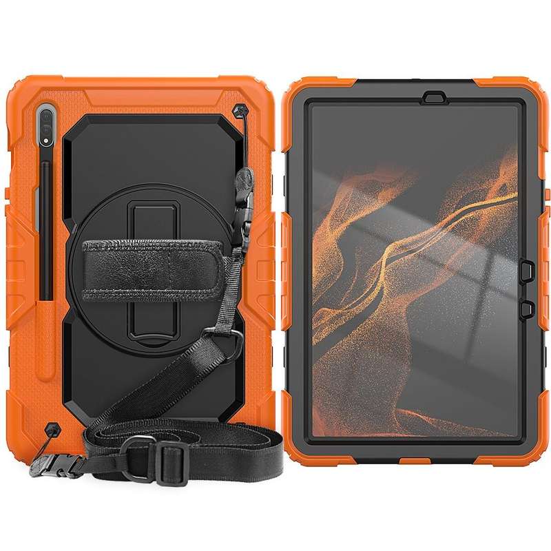 For Samsung Galaxy Tab S8 11 inch SM-X700 Silicone + PC Tablet Case with Shoulder Strap(Orange+Bl...